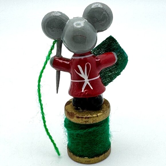 Vintage Wood Mouse Ornament Seamstress Decor On Spool Mid-Century Hand-Painted - Picture 7 of 9